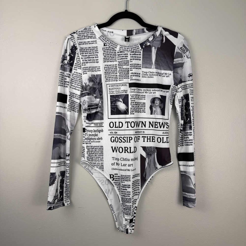 Chic Boutique Rose Bodysuit Womens Medium Black White Newspaper Print One Piece